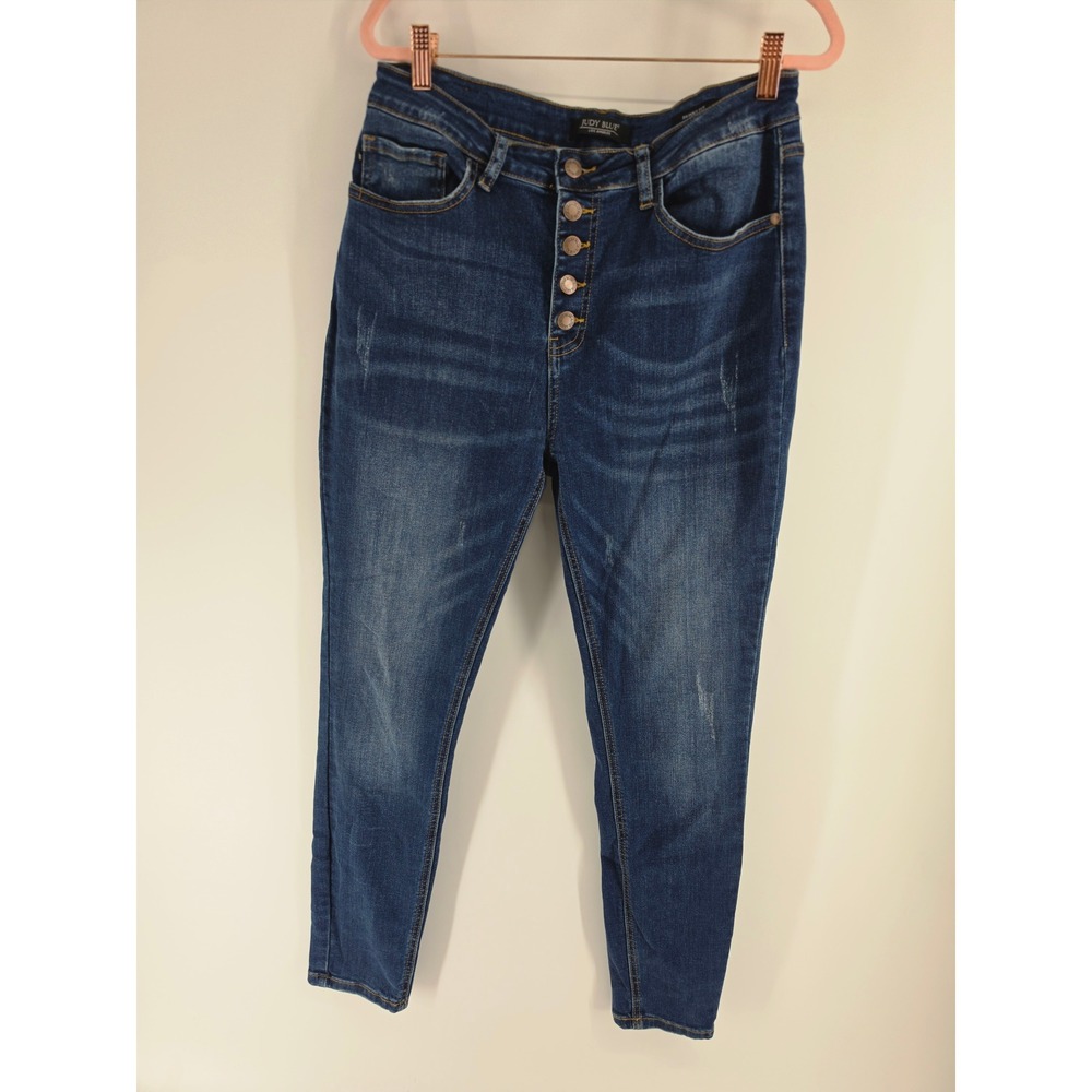Judy Blue High Waist Skinny Jeans Dark Wash Button Fly Distressed 15/32